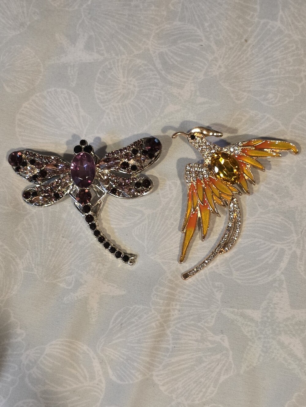 Vintage Dragonfly and Phoenix Rhinestone Brooch Set